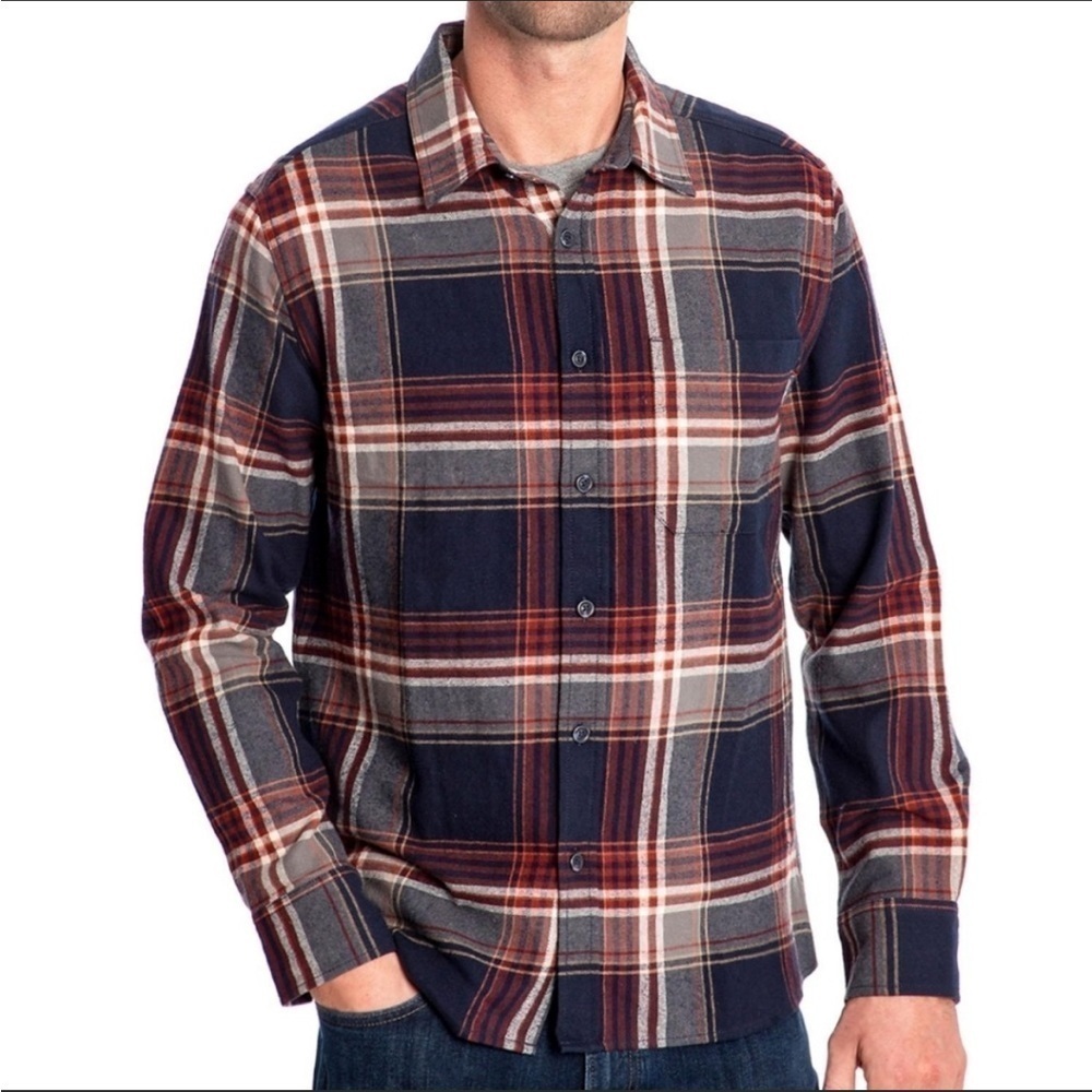 Eddie Bauer Men's Plaid Button-Down Shirt in Navy, Burgundy, and Gray